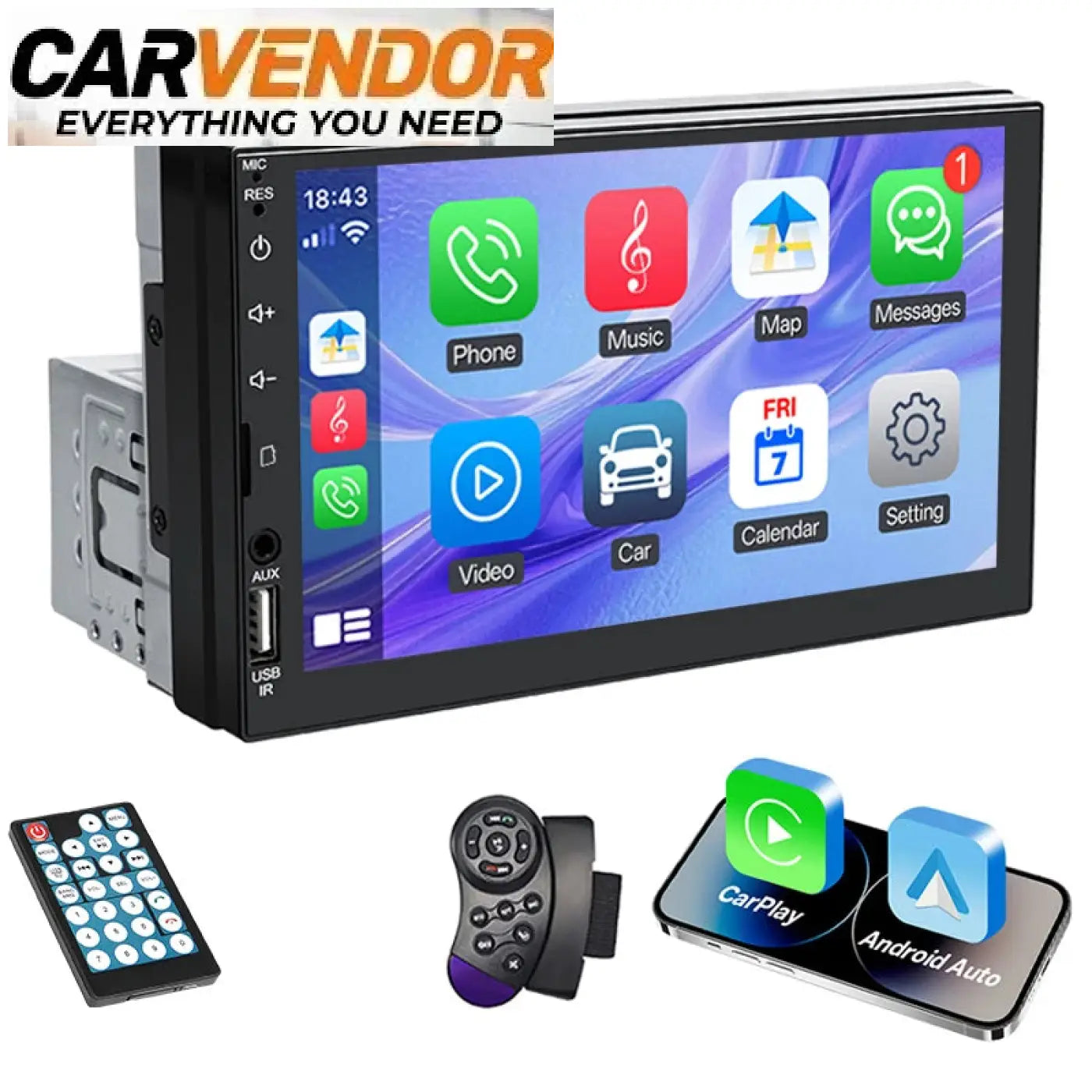 Mustan 1-din autosoittimen 7 tuuman hd-kosketusnäyttö, apple carplay ja android auto -yhteensopiva