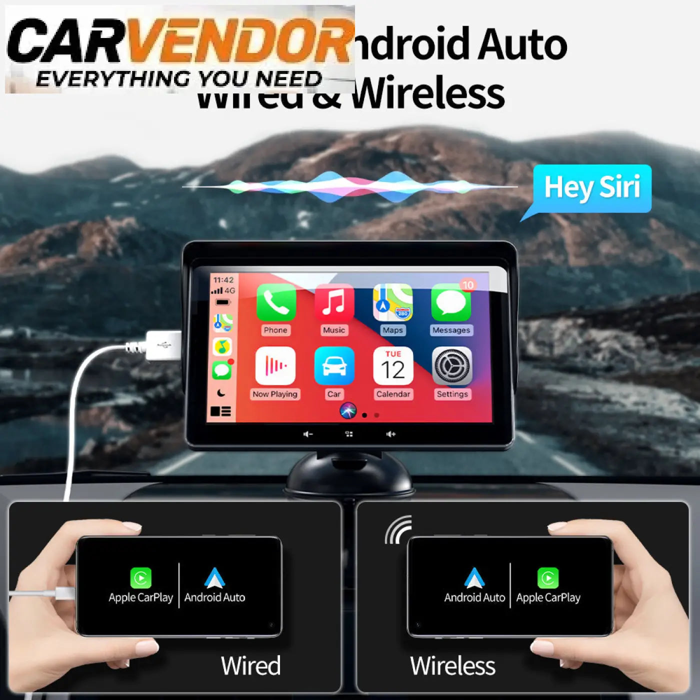 Mustan 7 tuuman universaali langaton carplay ja android auto kosketusnäyttökaiutin tupakansytytinliitännällä autossa