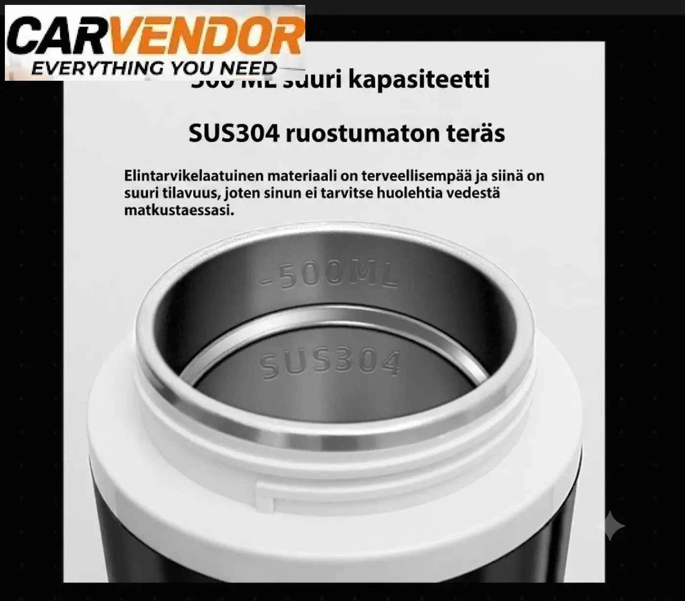 Älykäs autotermos vedenkeitin digitaalisella näytöllä 500 ml ruostumaton teräs musta runko valkoinen kansi sus304 merkinnät