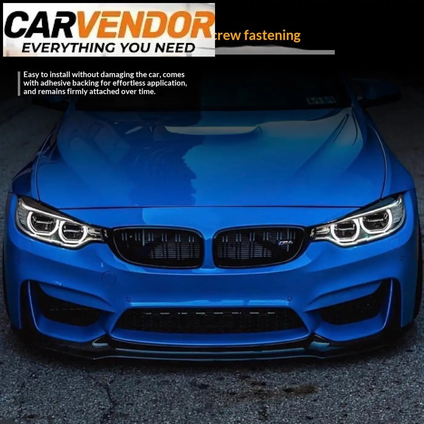 Vibrantti sininen bmw m3 urheiluauto etupuskurin lippa spoileri m3 f80 f81 ja m4 f82 f83 malleihin
