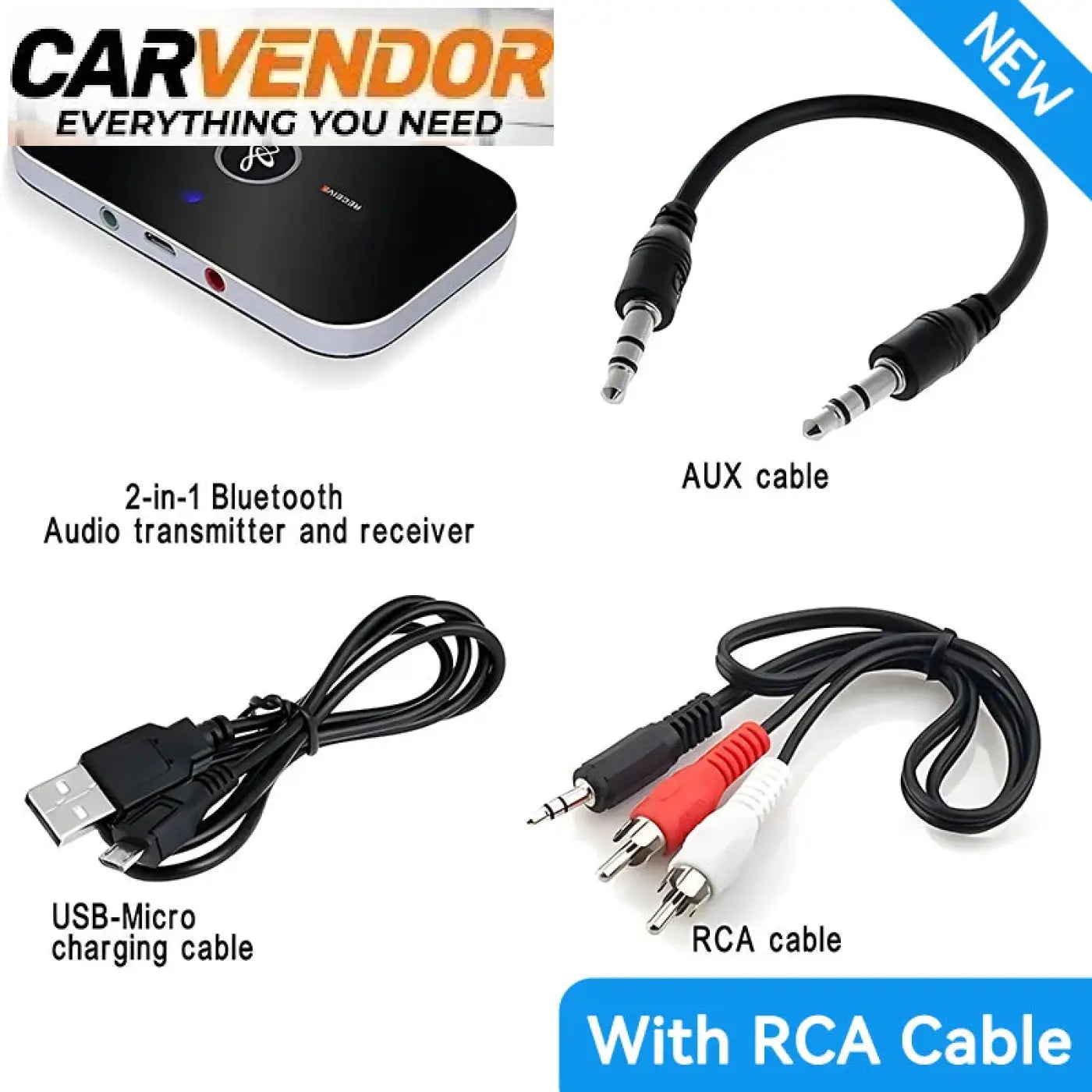 Langaton black and silver carvendor 2-in-1 bluetooth 5.3 lähetin ja vastaanotin AUX USB RCA liitännöillä ja tyylikkäällä suorakaiteen muotoisella designilla