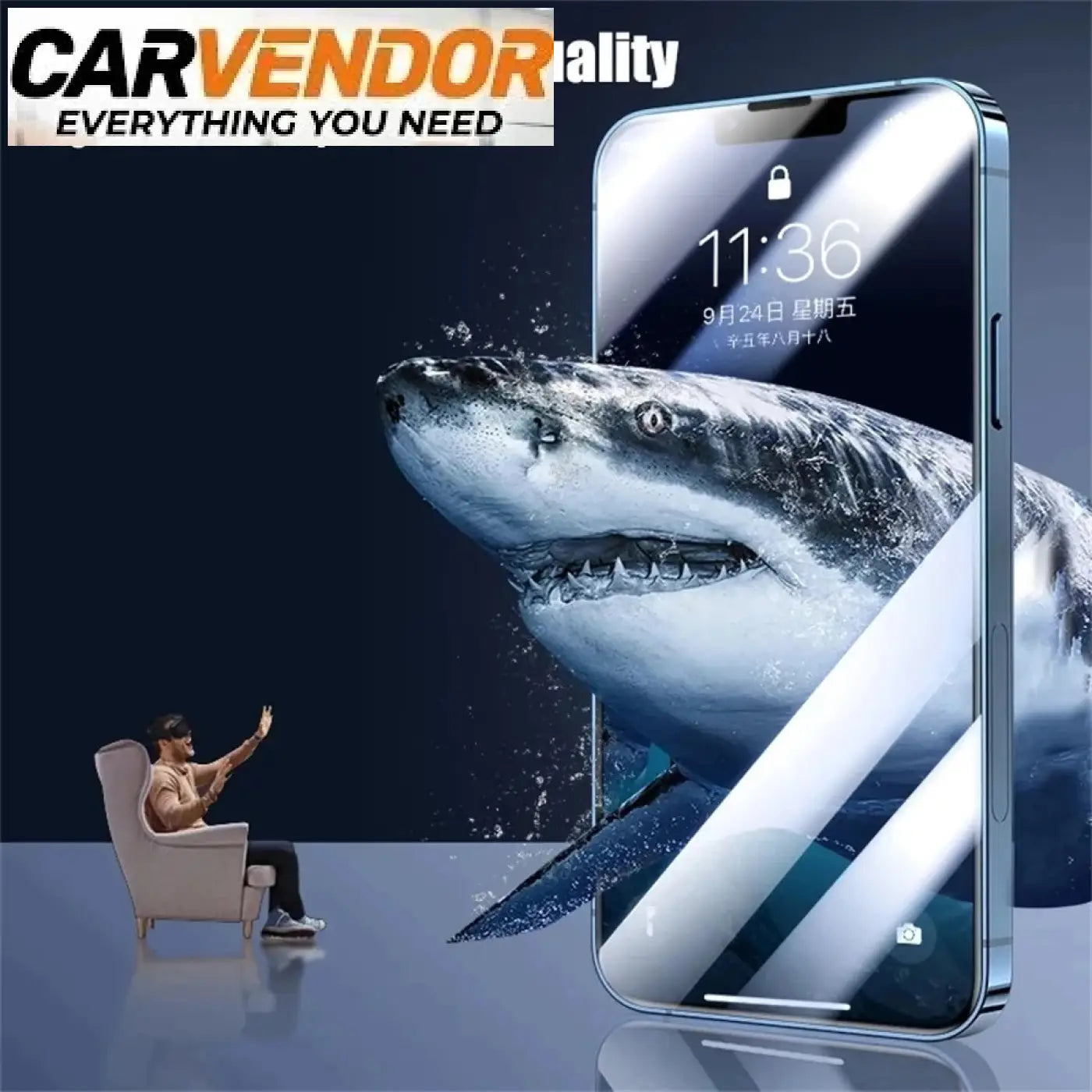 Sleek silver framed smartphone with shark image on screen showing time 11 36 with tempered glass for iphone protector