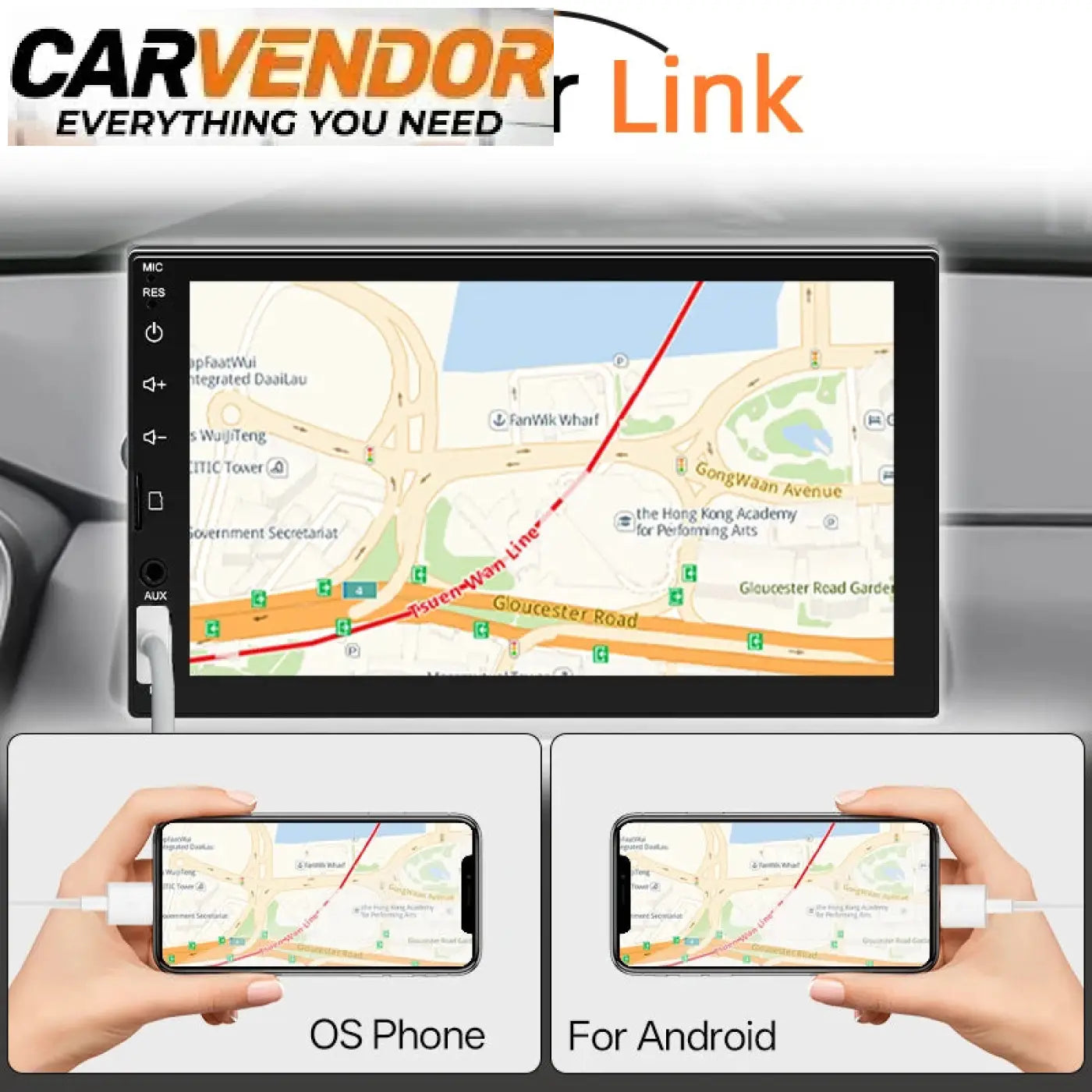 Musta 1-din autosoitin 7 tuuman hd-kosketusnäytöllä näyttäen karttanäkymän apple carplay ja android autolla