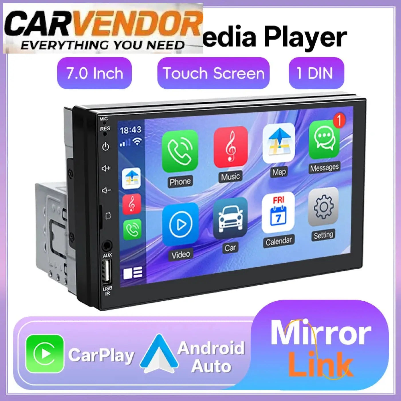 Musta 7 tuuman carvendor 1 din kosketusnäytöllä varustettu autosoitin apple carplaylla ja android autolla