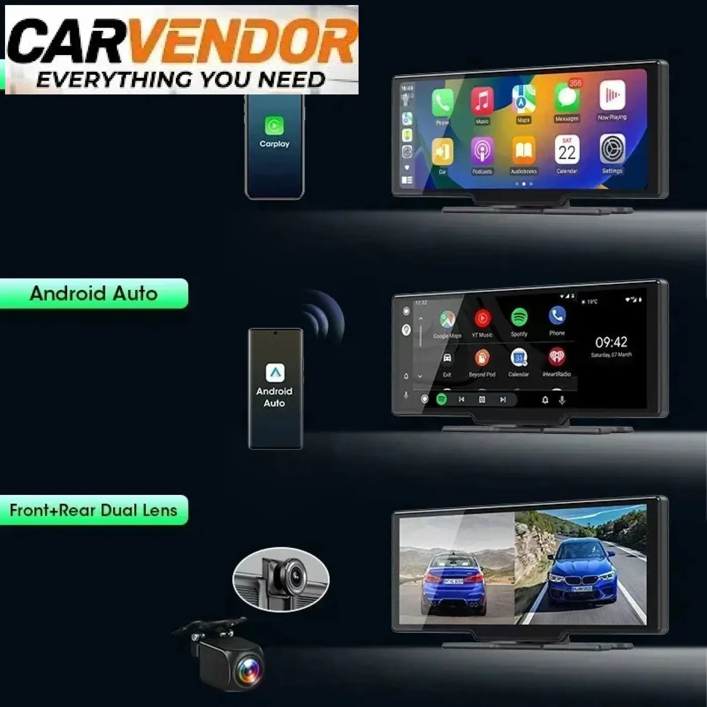 Musta suorakulmainen 10,26 tuuman langaton 4k älynäyttö autoon jossa carplay, android auto ja kojelautakamera