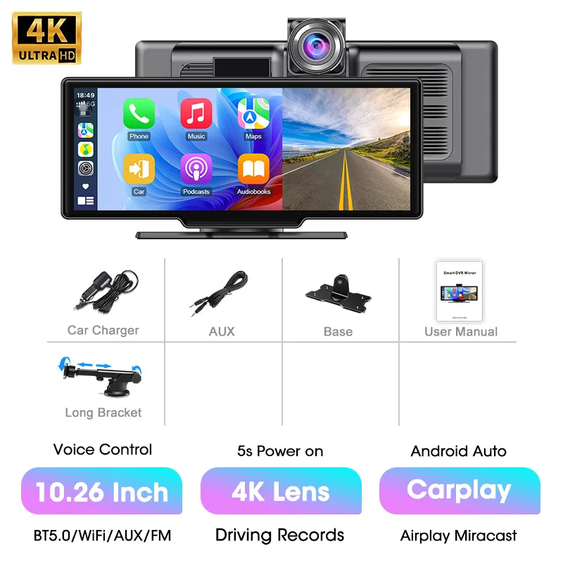10.26" Langaton 4K Älynäyttö Autoon – CarPlay, Android Auto & Kojelautakamera (Peruutuskameralla)