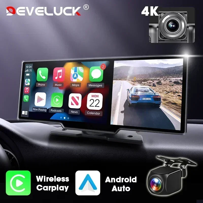 10.26" Langaton 4K Älynäyttö Autoon – CarPlay, Android Auto & Kojelautakamera (Peruutuskameralla)