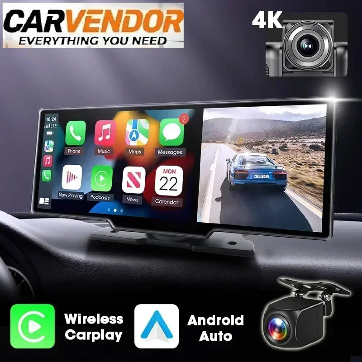 10.26 langaton 4k älynäyttö autoon mustalla kehyksellä ja kosketusnäytöllä carplay android auto ja kojelautakamera