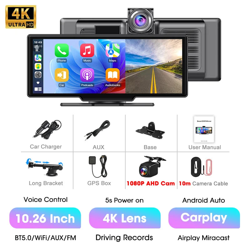 10.26" Langaton 4K Älynäyttö Autoon – CarPlay, Android Auto & Kojelautakamera (Peruutuskameralla)