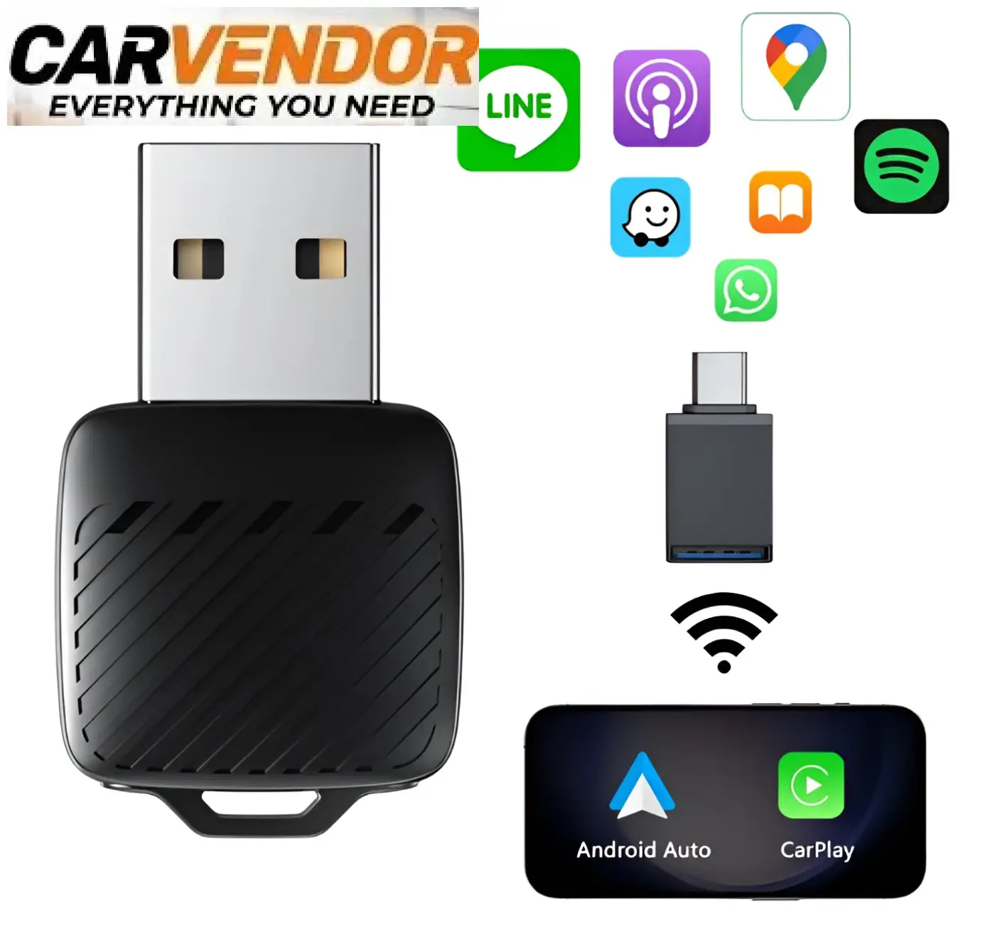 Musta usb-muistitikku jossa teksturoitu vinoraitainen runko ja hopea usb-liitin 2-in-1 langaton carplay android auto -adapteriin