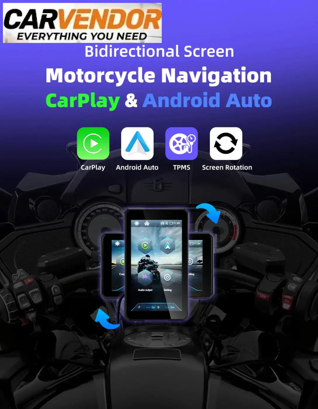 Musta 5 tuuman älykäs moottoripyörän näyttö kosketusnäytöllä carplay ja android auto yhteensopiva rengaspainevalvonnalla