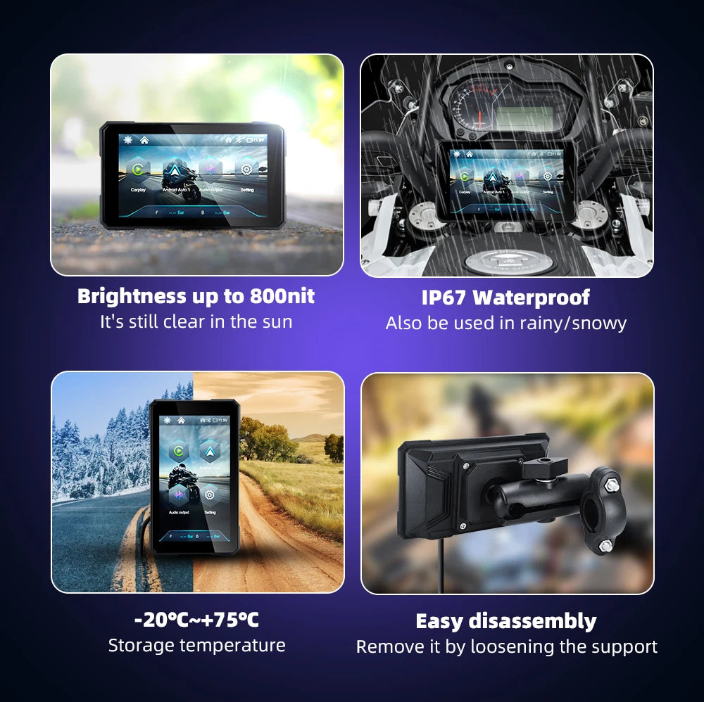 5" Älykäs Moottoripyörän Näyttö (Langaton CarPlay & Android Auto) + Rengaspainevalvonta