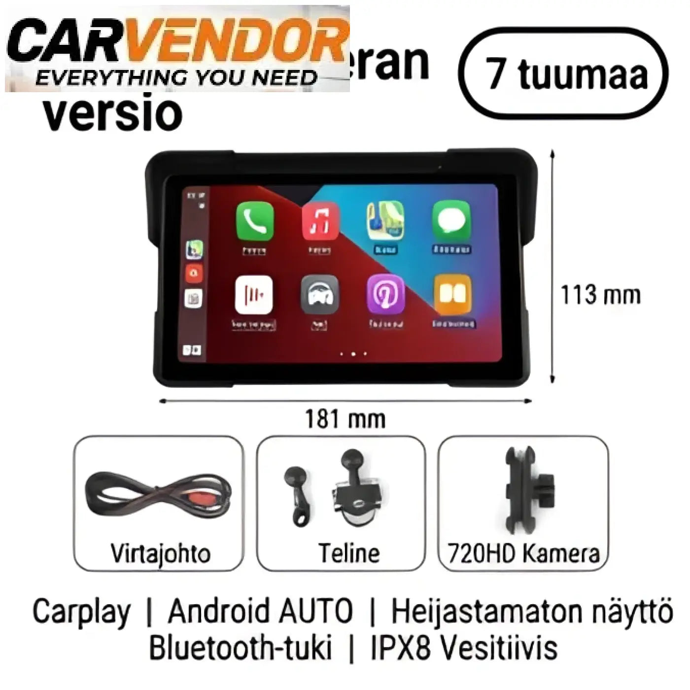 Mustaa 7 tuuman kosketusnäyttöinen älynäyttö moottoripyörään jossa langaton apple carplay android autolla ja sisäänrakennetulla kameralla