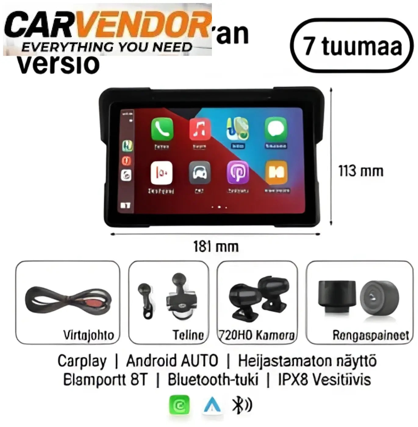 Mustan 7 tuuman älynäytön moottoripyörään, jossa langaton apple carplay ja android auto sekä bluetooth-yhteys