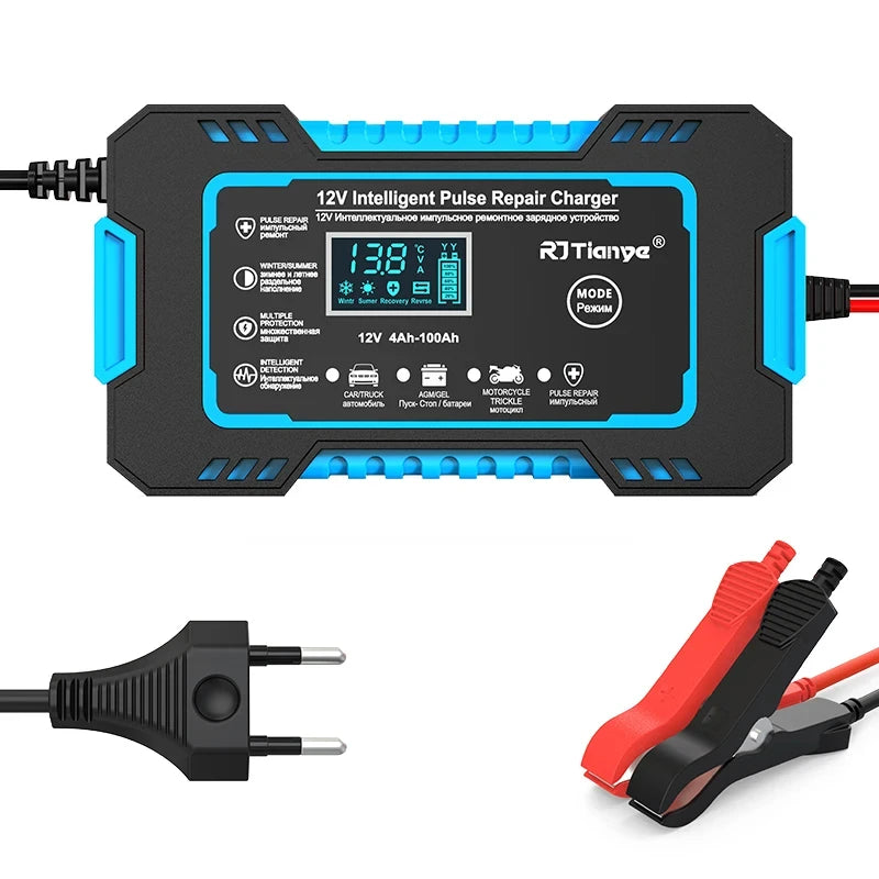 12V 6A älykäs akkulaturi kosketusnäytöllä, sykkivä korjaustoiminto, LCD-näyttö, nopea lataus, sopii märkä- ja kuiva-akuille sekä lyijyakuille.