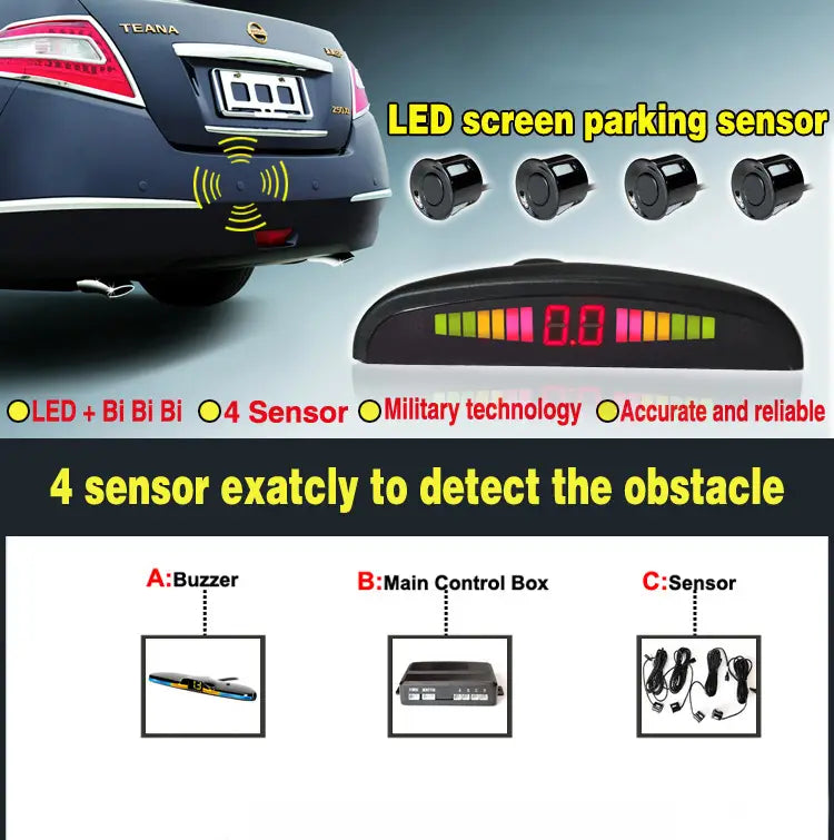 Baksensor för bil med 4 sensorer och LED-display –
