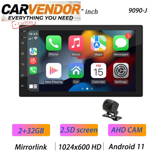 Musta carvendor 9090-j 2-din android-multimediasoitin 2.5d näytöllä android 11 käyttöliittymällä ja peruutuskameralla