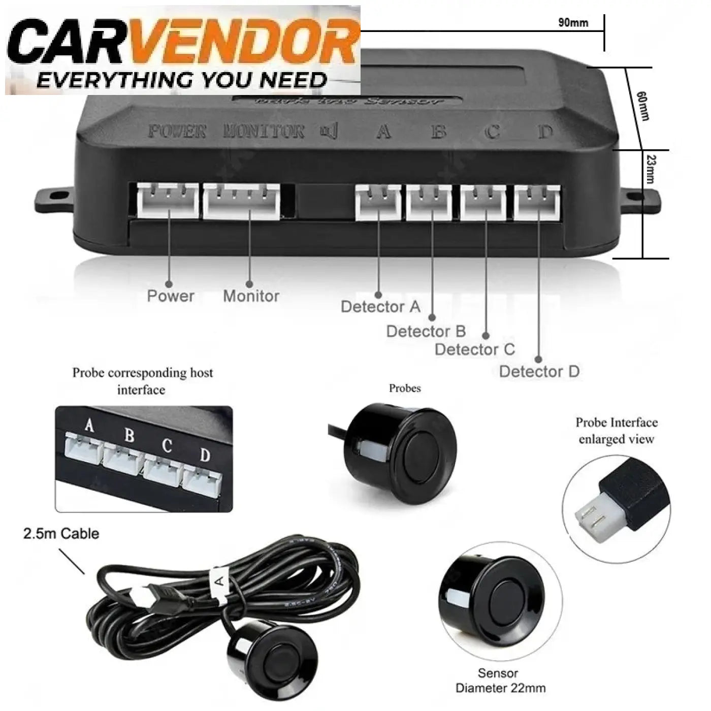 Black plastic main control box of car reverse radar kit with 4 sensors 2.5m cable and labeled detector ports