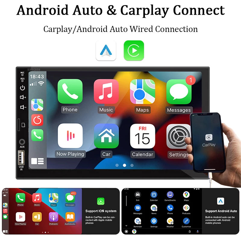 1-DIN Autosoitin 7" HD-kosketusnäytöllä (Apple CarPlay & Android Auto)