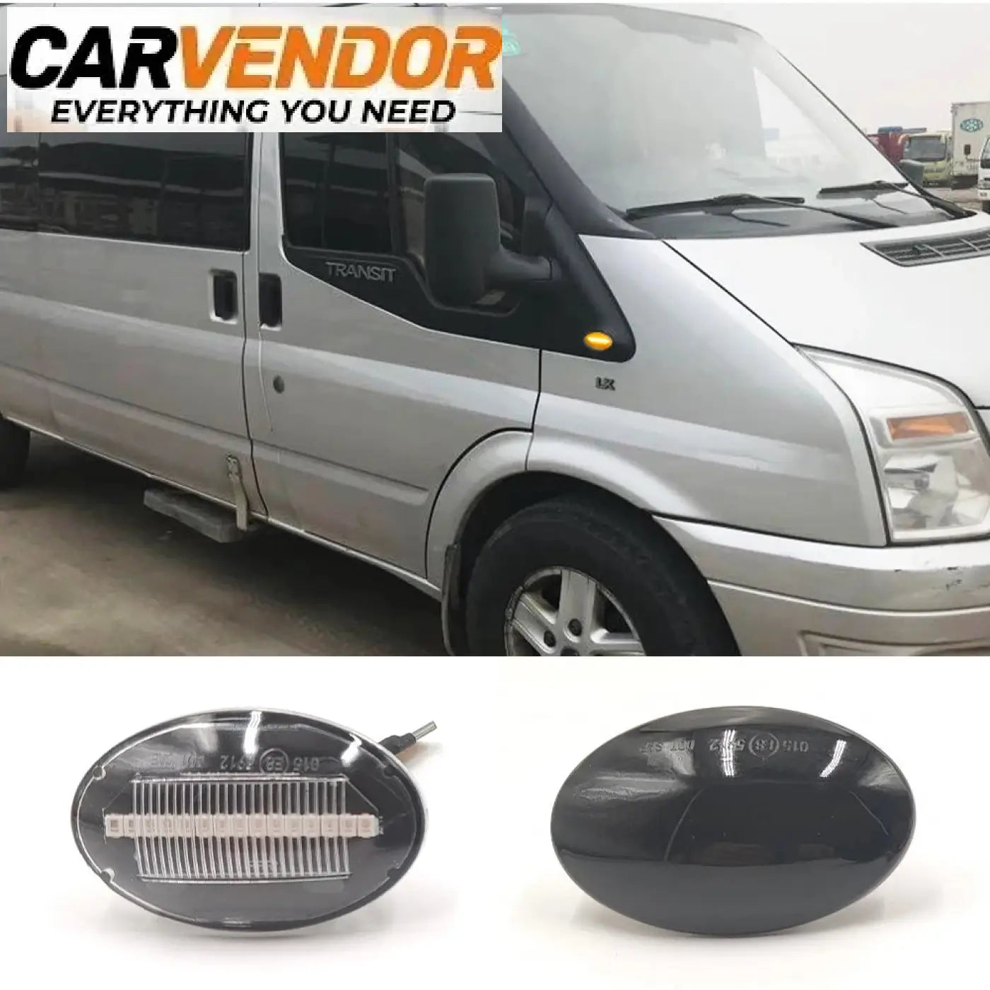 Silver ford transit van with black tinted windows and fit for ford flowing led turn signal side marker light in amber