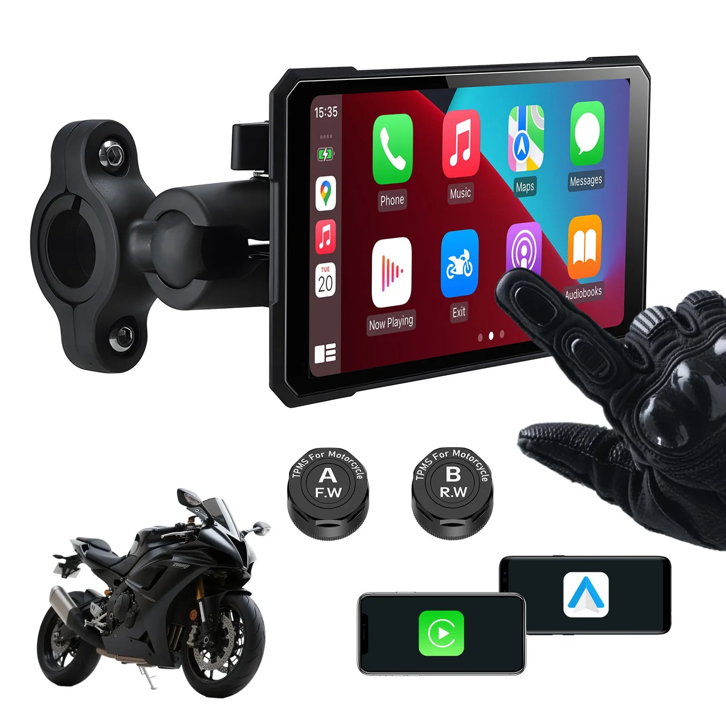 5" Älykäs Moottoripyörän Näyttö (Langaton CarPlay & Android Auto) + Rengaspainevalvonta