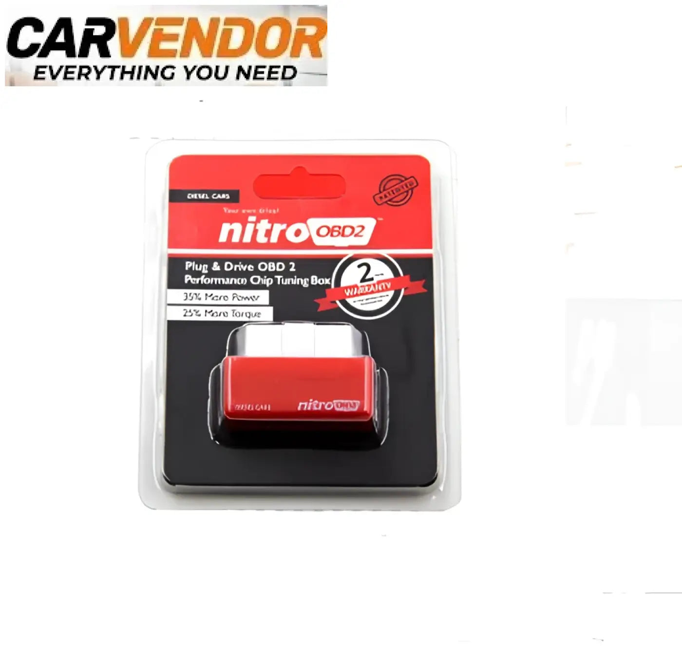 Punainen nitro obd2 plug-and-play suorituskykyinen chip tuning -laatikko kirkkaassa muovipakkauksessa ecobd2 optimoiva lastu