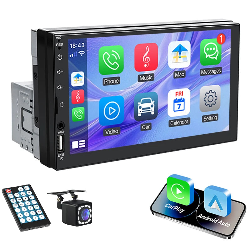 1-DIN Autosoitin 7" HD-kosketusnäytöllä (Apple CarPlay & Android Auto)