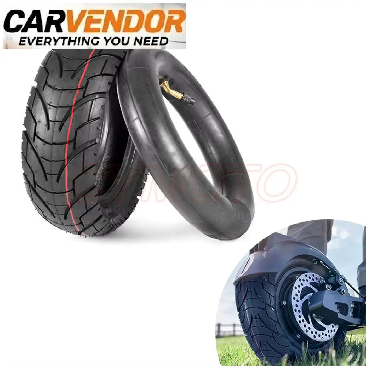 Black rubber electric scooter tire 10 inch 80/65-6 with red sidewall stripe and matching inner tube for fat tire bikes