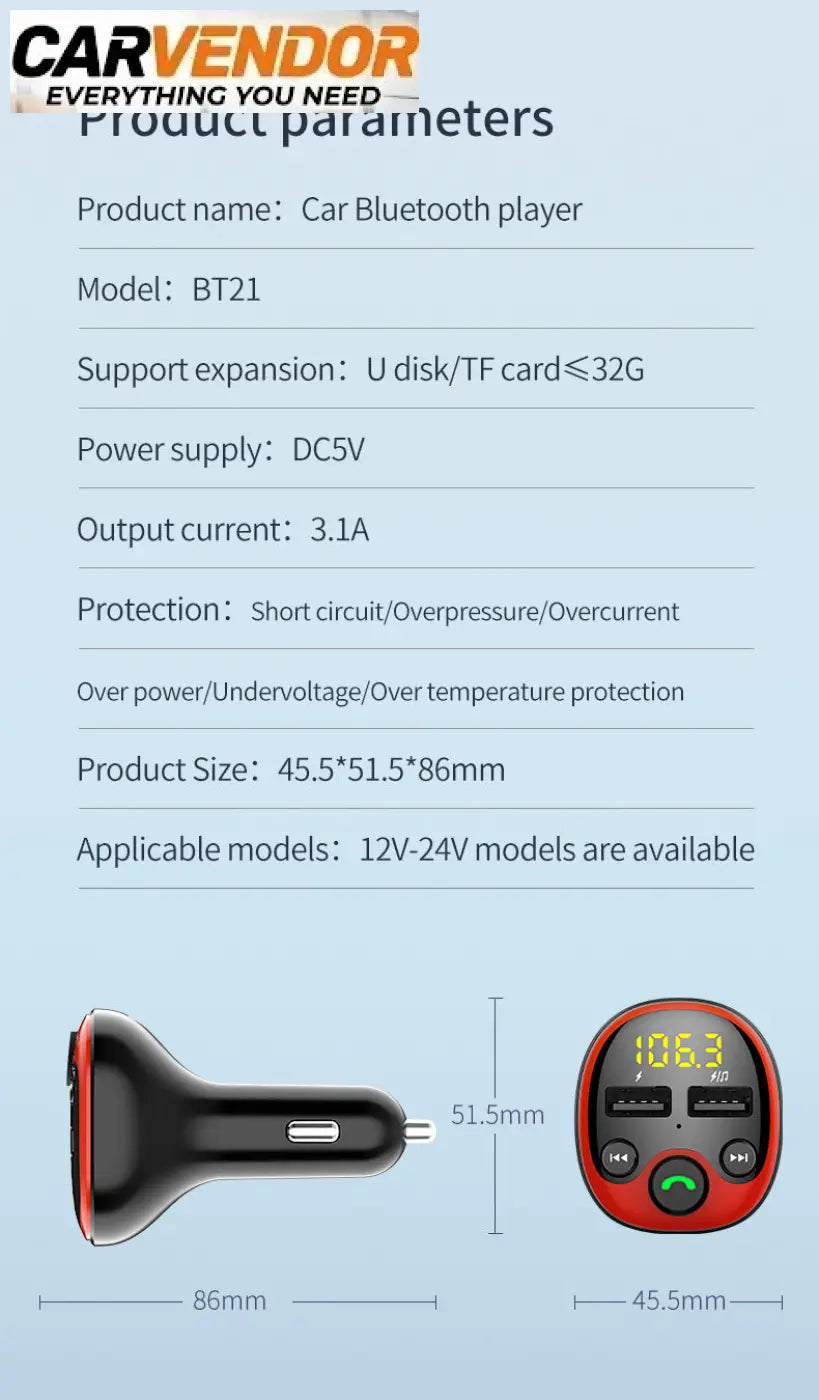 Red and black bluetooth-autosoitin fm-lähettimellä ja kahdella usb-laturilla pyöreällä näytöllä ja ohjauspainikkeilla