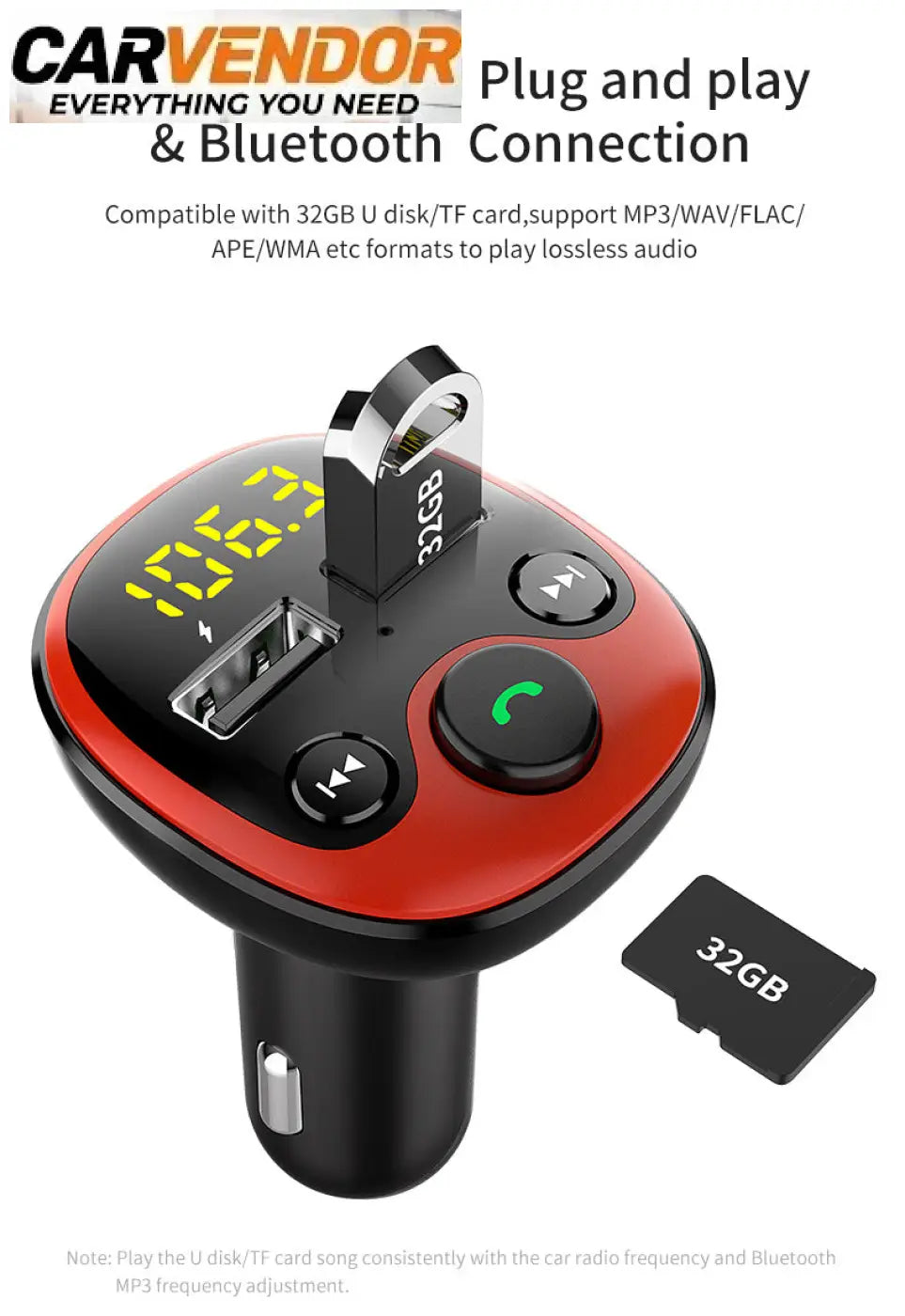 Punainen ja musta fm-lähetin ja bluetooth-autolaturi usb-portilla ja 32gb tf-korttipaikalla ja ohjauspainikkeilla