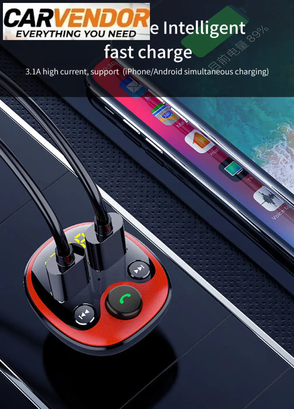 Punainen ja musta dual usb bluetooth-autolaturi jossa älykäs pikalataus ja puhelinmediaohjaimet autoon