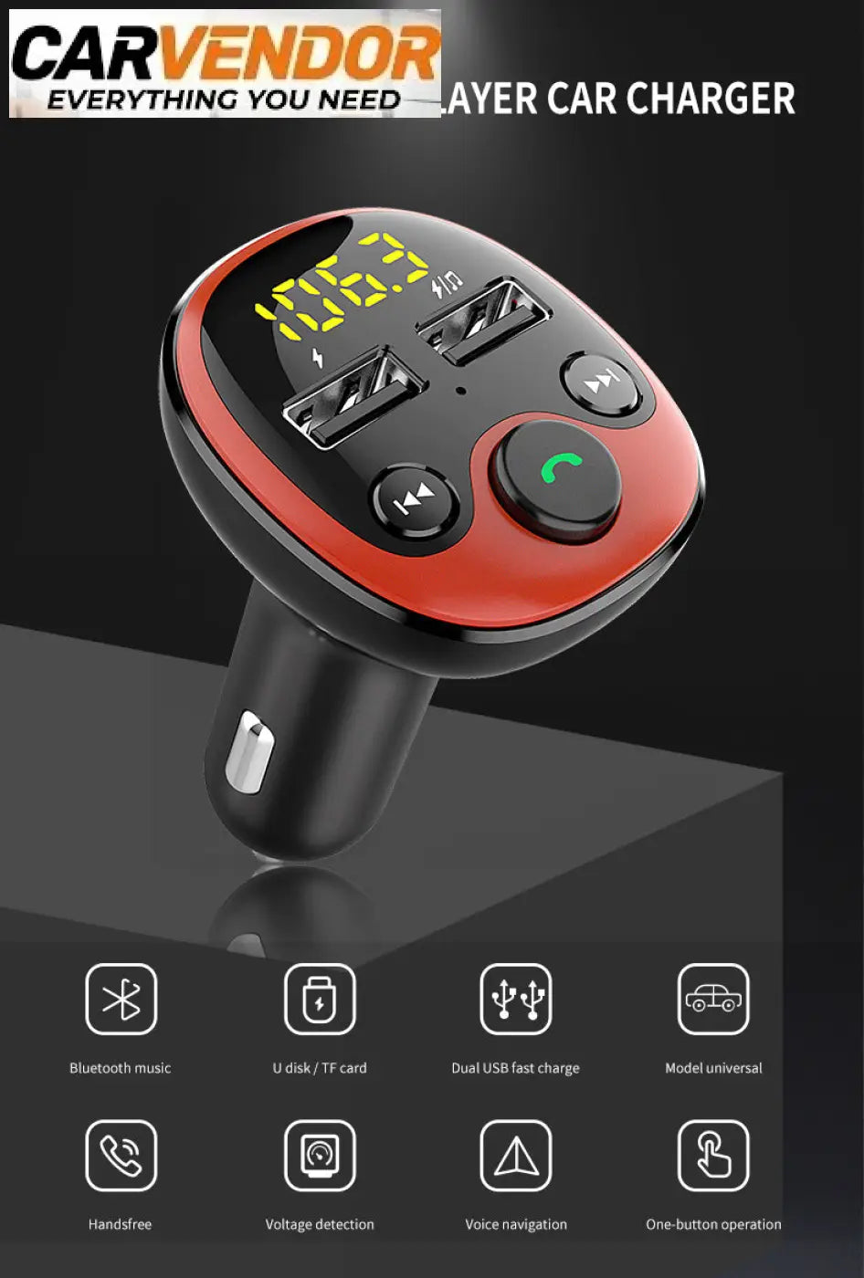 Punainen ja musta bluetooth mp3-soitin autolaturi dual usb-porteilla ja digitaalisella näytöllä fm-lähetin ja Bluetooth-autolaturi