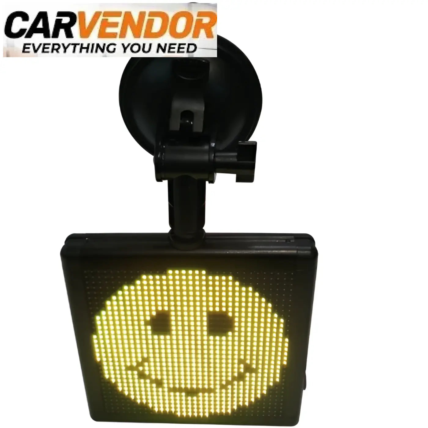 Auton led-emojinäyttö mustalla imukuppikiinnityksellä näyttää kirkkaan keltaisen hymynaaman festareille