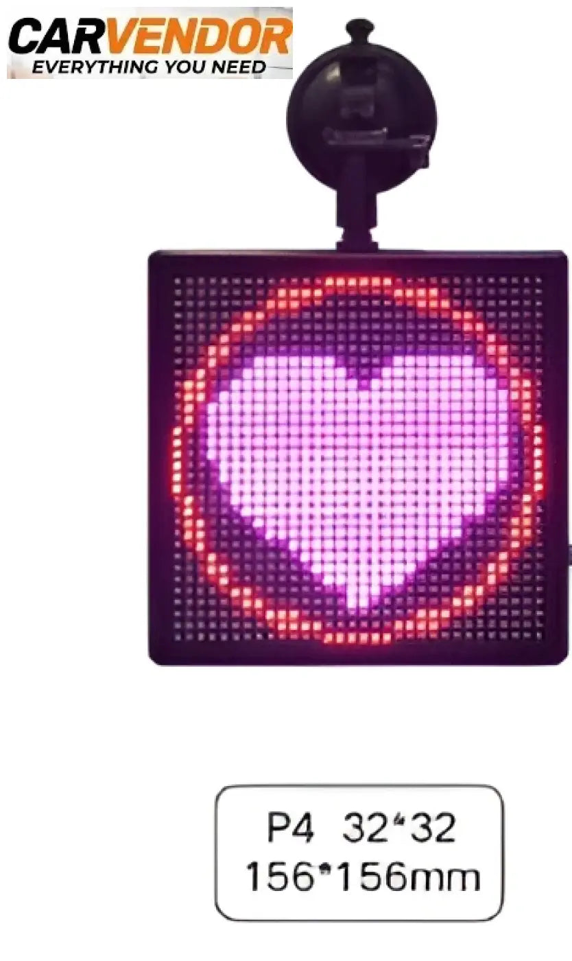Auton led-emojinäyttö mustalla led-matriisilla ja vaaleanpunaisella sydänkuviolla imukupilla kiinnitettävässä jalustassa