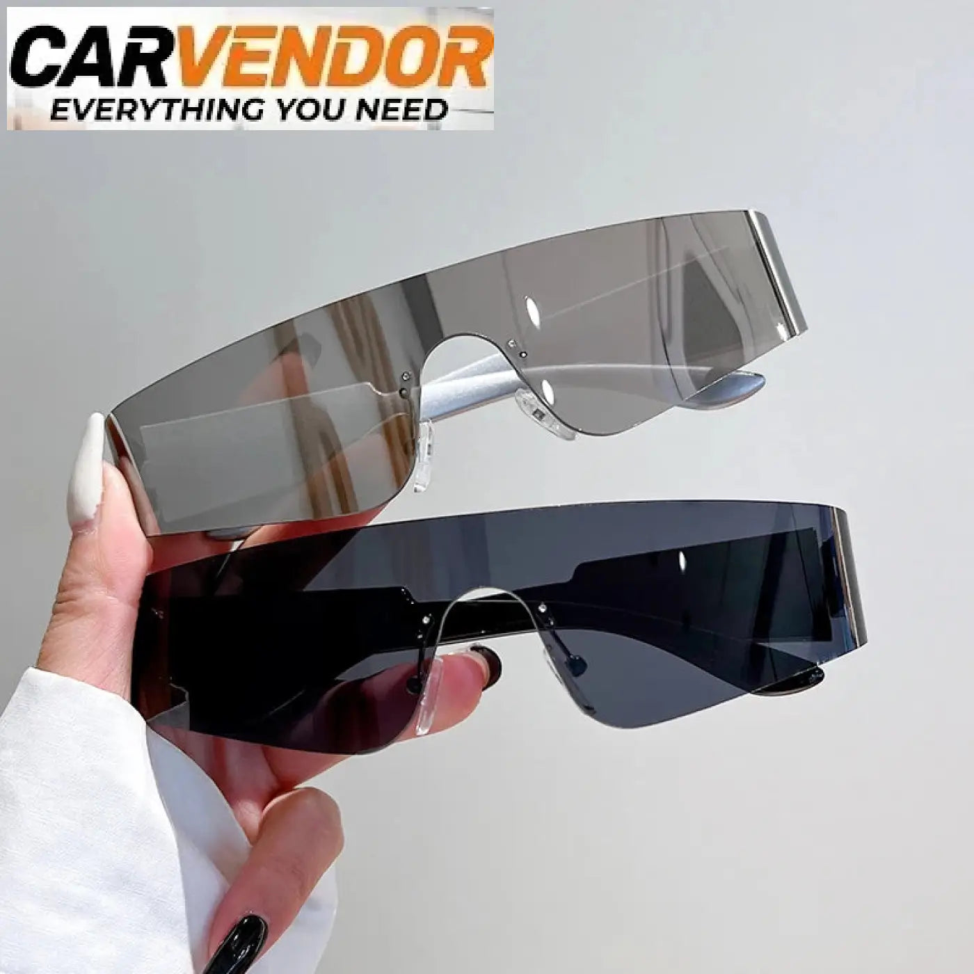 A pair of sleek rimless aurinkolasit with reflective silver and opaque black lenses designed for uv400 protection