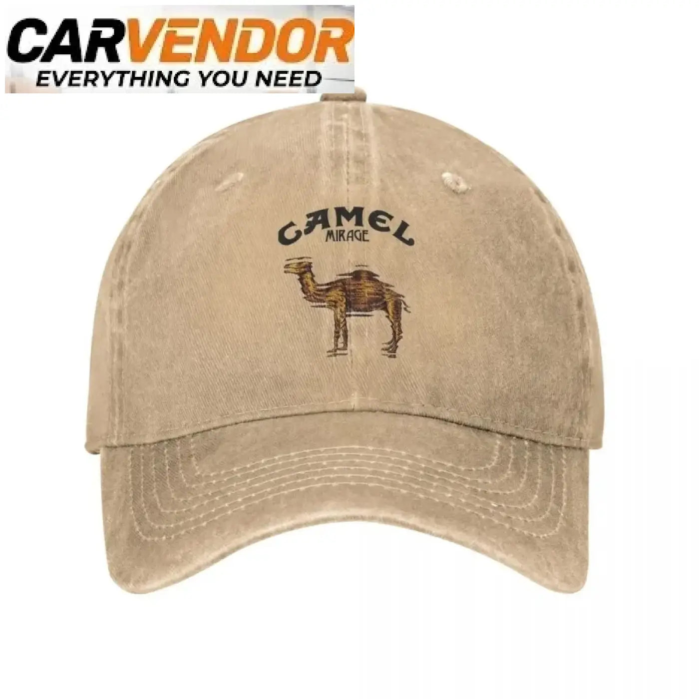 Beige distressed baseball cap with vintage embroidered camel logo and camel mirage text for outdoor use