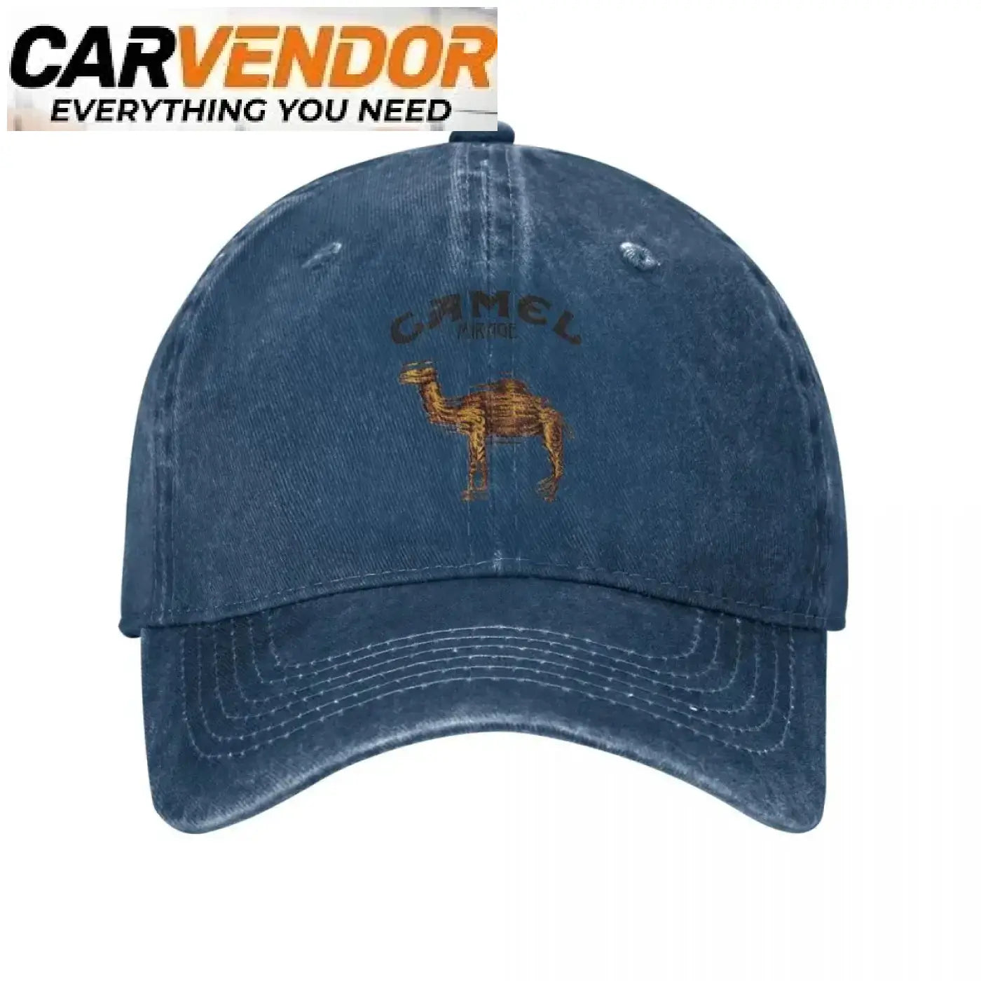A faded blue denim baseball cap with brown embroidered camel and adjustable fit for outdoor and sports use