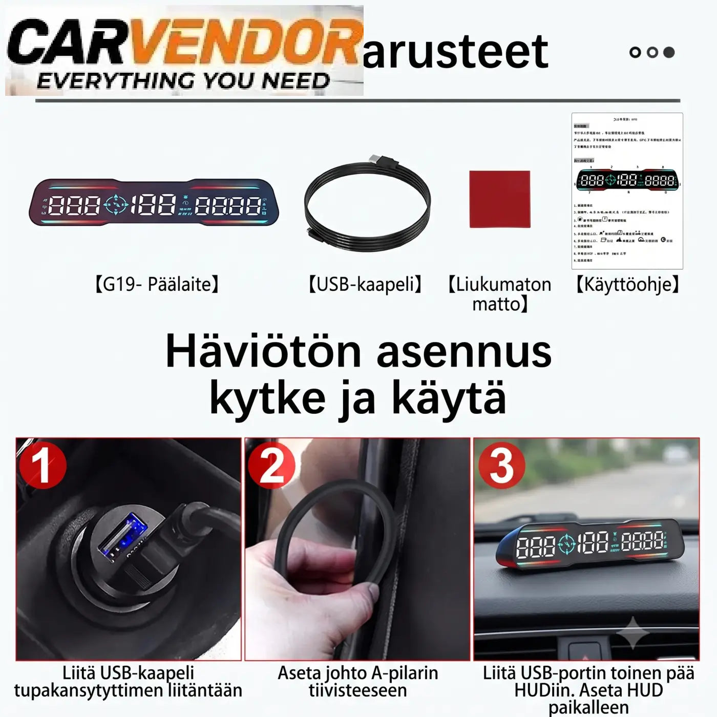 Kompakti hud-tuulilasinäyttö sinimustalla digitaalisella kojelaudalla valaistuine numeroineen ja keskitettyine merkkeineen