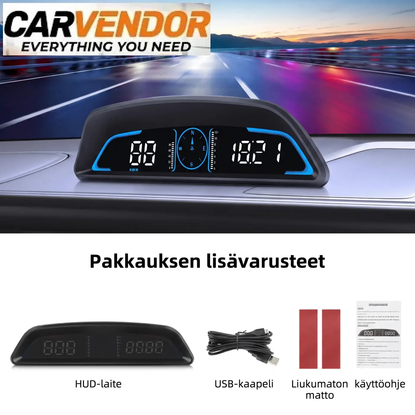 Kompakti hud-tuulilasinäyttö mustalla runolla ja sinisellä valaistulla nopeus, kompassi ja aika näytöllä