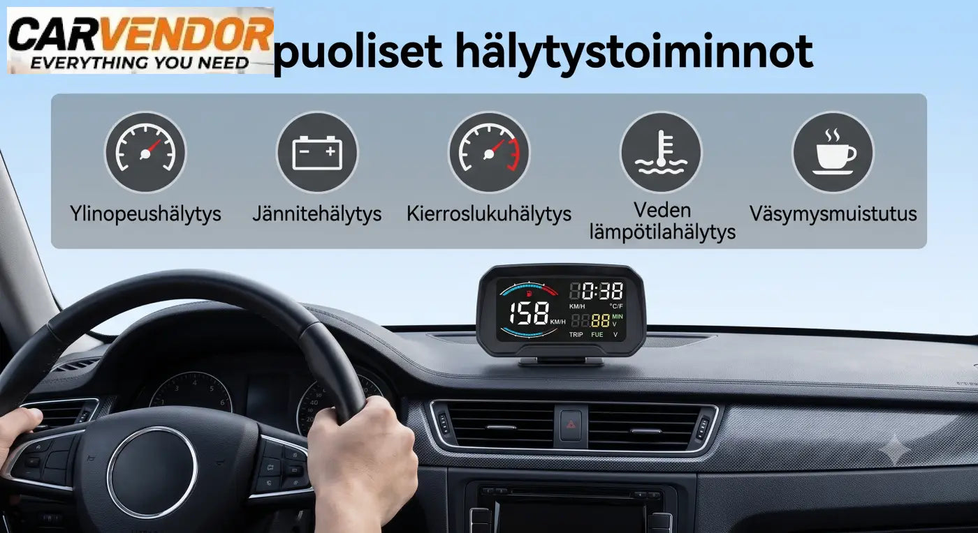 Kompakti hud-tuulilasinäyttö mustalla digitaalitaustalla näyttää nopeuden, lämpötilan ja polttoainetason sinivalkoisin merkinnöin