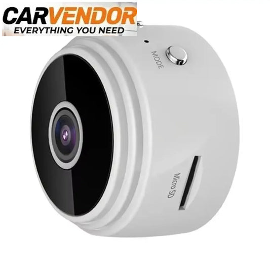 Kompakti langaton wifi-valvontakamera valkoinen sylinterin muotoinen mini kamera mustalla linssinsuojalla ja hopeanharmaalla painikkeella turvaa autosi ja tallisi