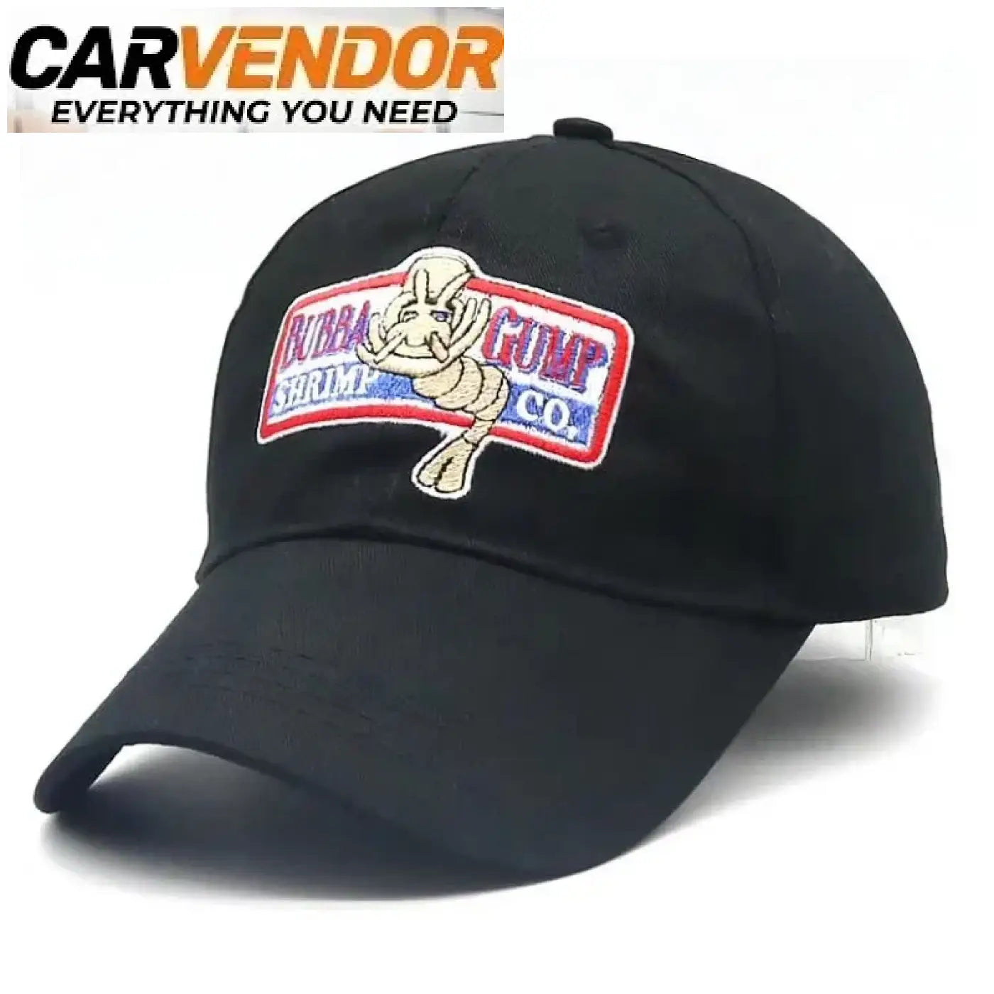 Musta baseball-lippis jossa bubba gump shrimp co -kuvalla varustettu kirjailtu rintalappu retro-tyyliin