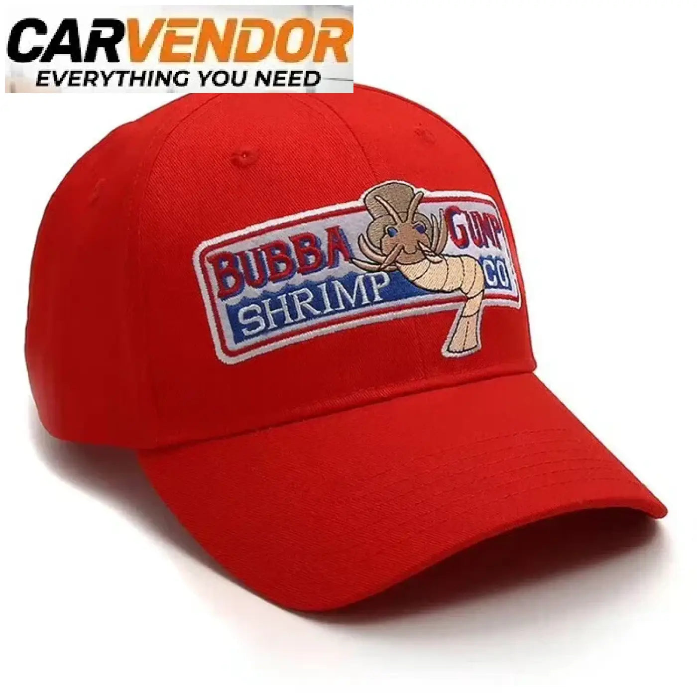 Punainen kulttimaineen saavuttanut retro-lippis, jossa bubba gump shrimp co logo ja rapukuvio kirjailtuna