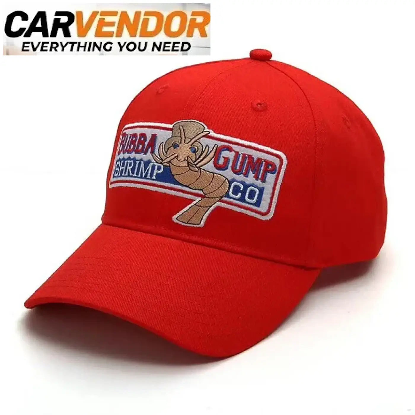 Punainen kulttimaineen saavuttanut retro-lippis jossa bubba gump shrimp co shrimp kirjailtu lappu edessä