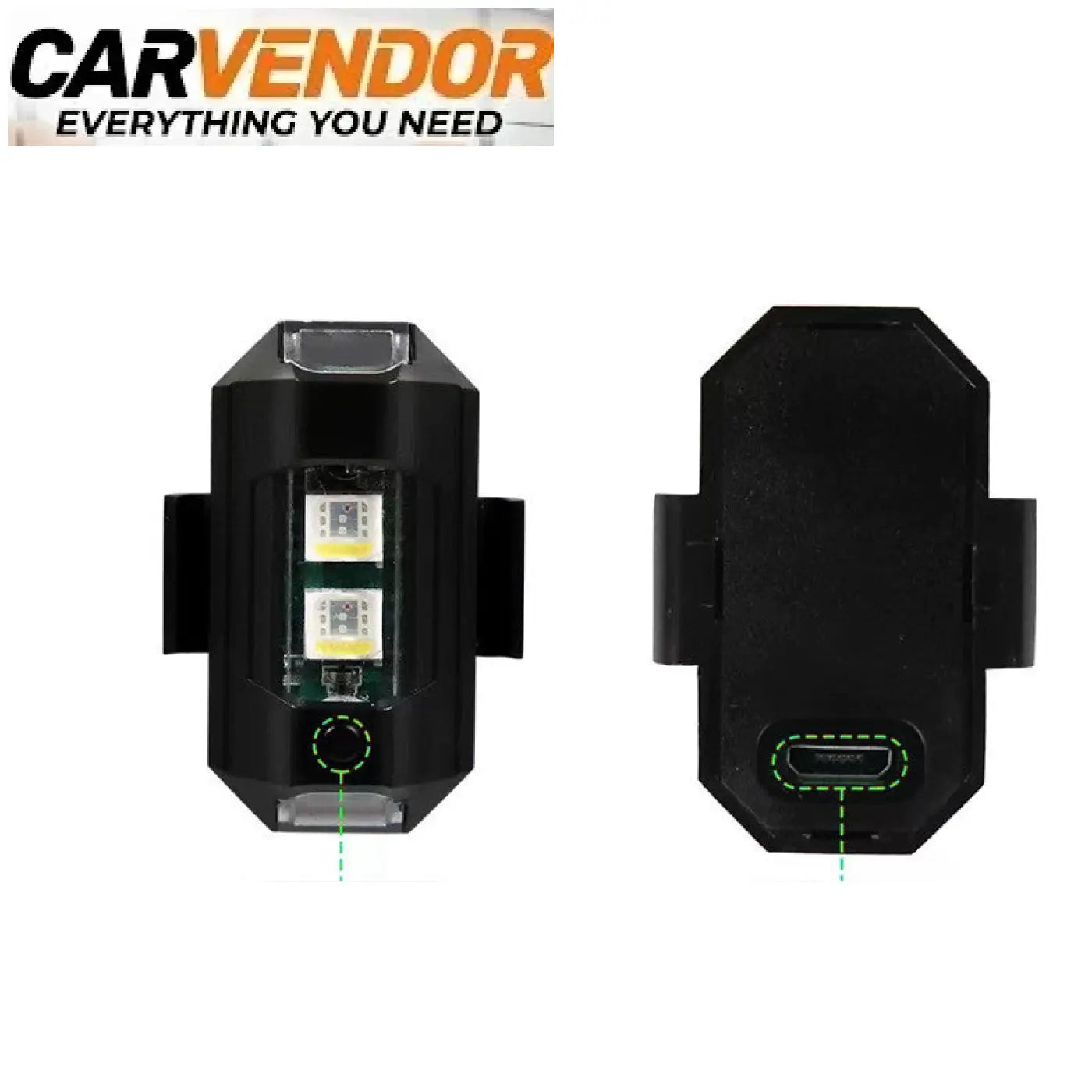 Mustassa muovissa ladattava mini led-strobovalo kahdella led-polttimolla ja usb-c-latausportilla