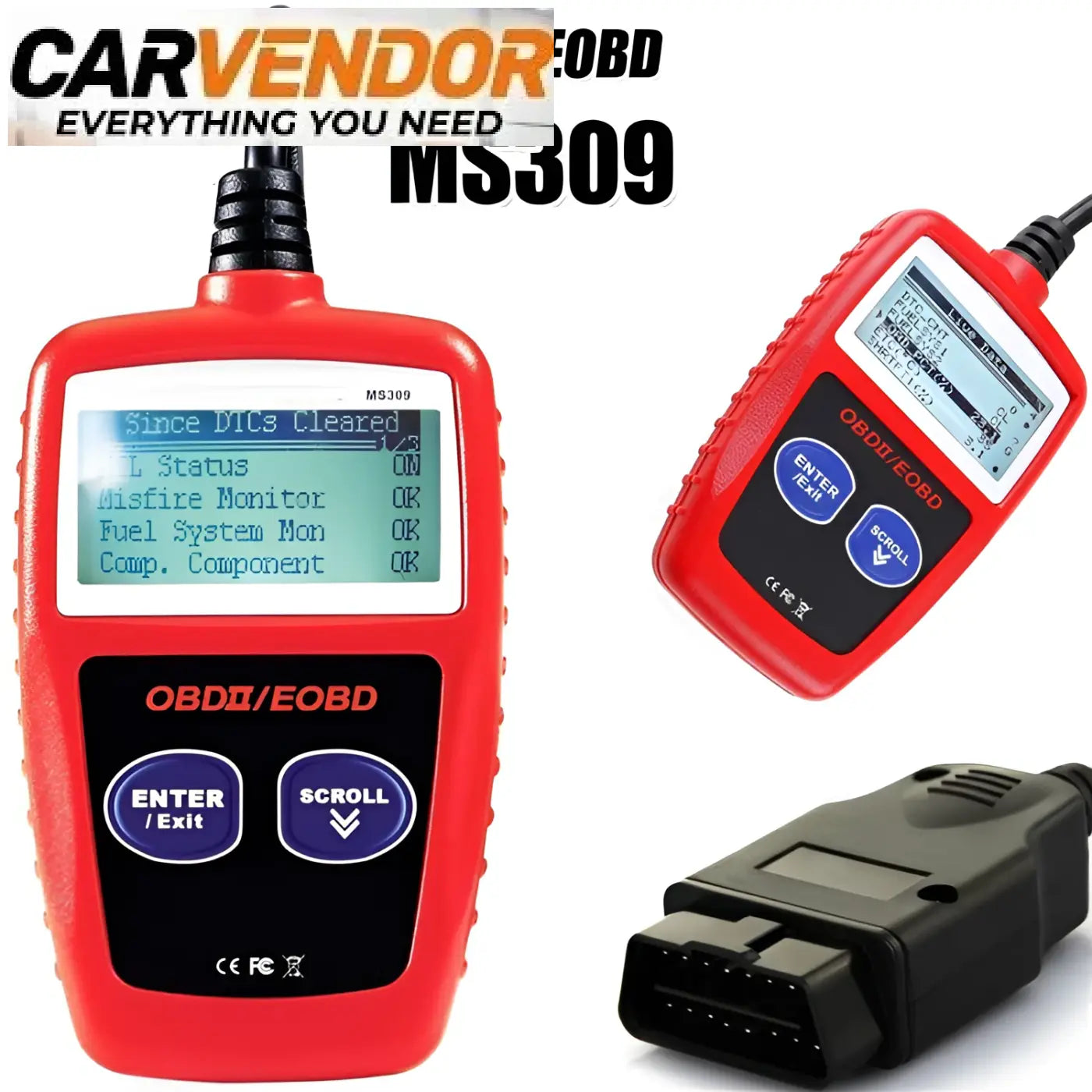 Punainen muovinen ms309 monitoiminen obd2-vikakoodinlukija pienen lcd-näytön ja kahden sinisen painikkeen kanssa