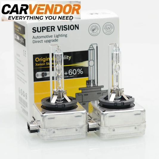 Kaksi hopeanväristä premium hid xenon vaihtopolttimoa d1s d2s d3s d4s muovikoteloissa super vision pakkauksessa