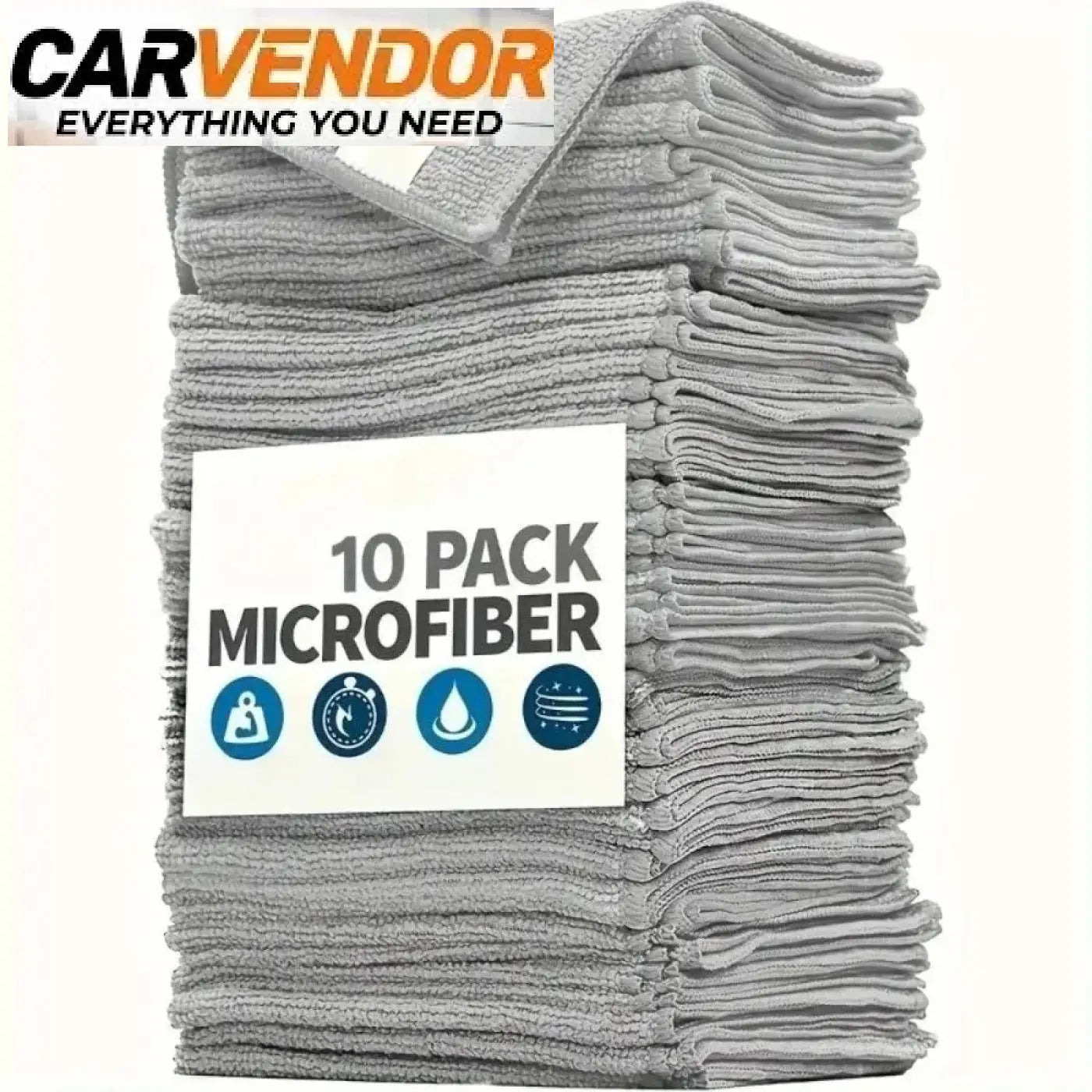 A stack of ten light gray microfiber cleaning cloths with highly absorbent soft stain-removing fabric may be used for cleaning