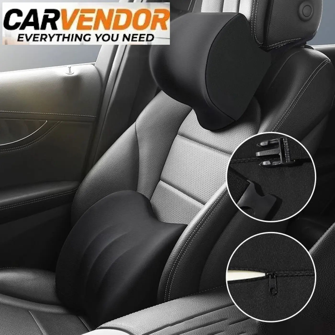 Black premium muistivaahto car seat cushion set with adjustable straps and leather-like finish for head and lumbar support