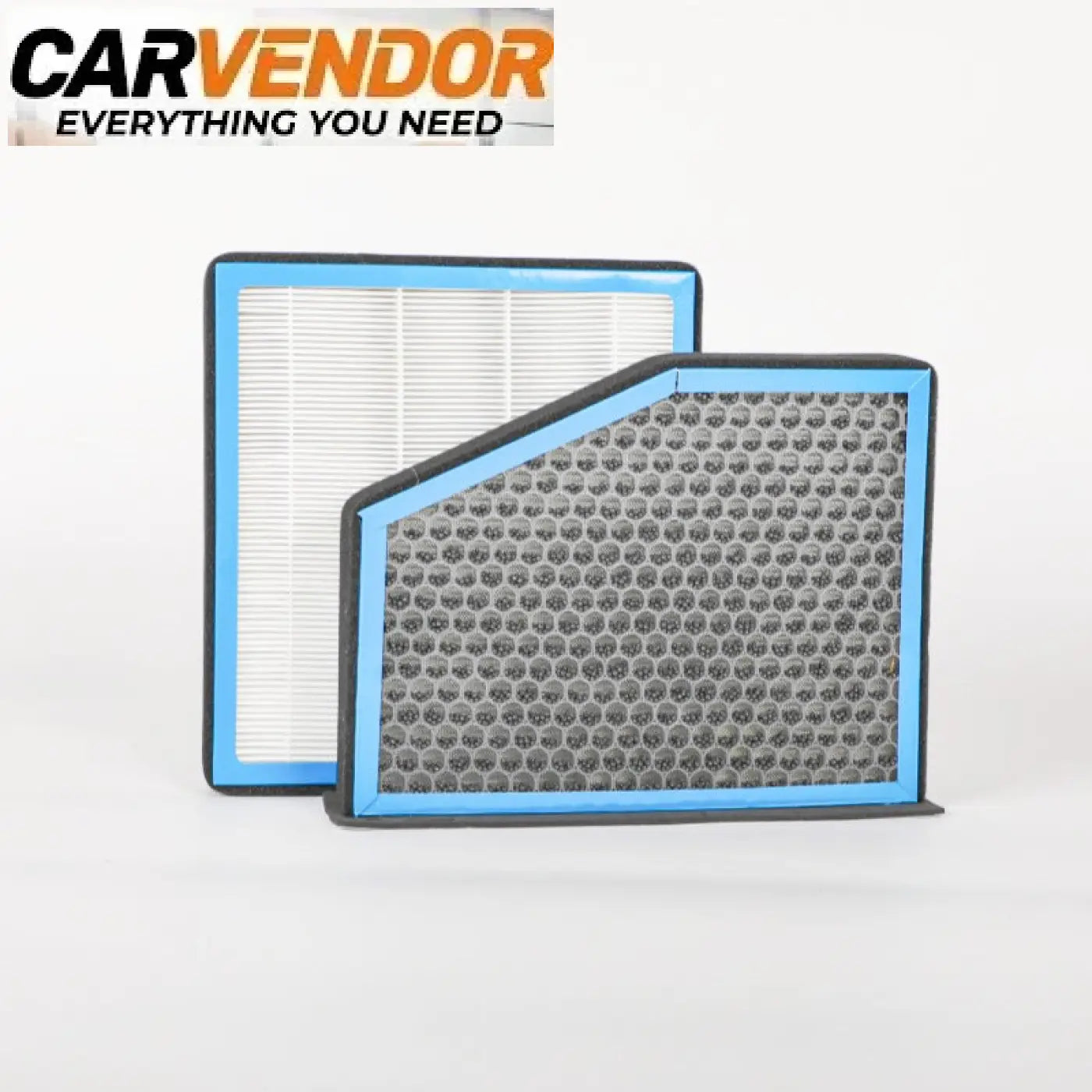 Premium raitisilmasuodatin with two rectangular air filters blue bordered white pleated and dark gray honeycomb patterns